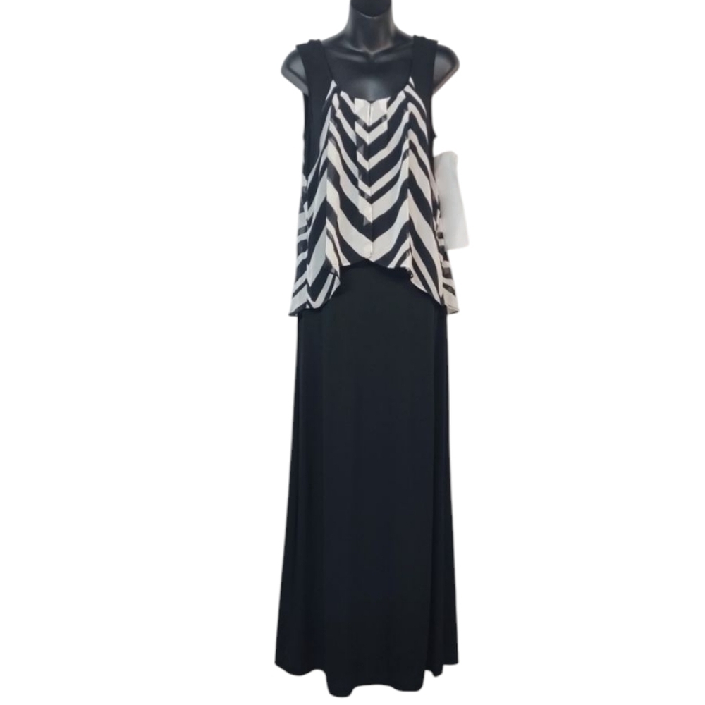 Connected Apparel Black White Striped Full-length Overlay Dress Size 6 NWT